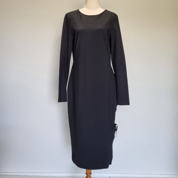 Witchery Black Ponte Lace Up Detail Bodycon Midi Dress Size 14 - Picture 2 of 9